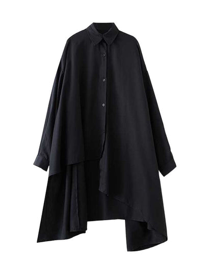 High-Low Long Sleeves Asymmetric Buttoned Solid Color Split-Joint Lapel Blouses&Shirts Tops