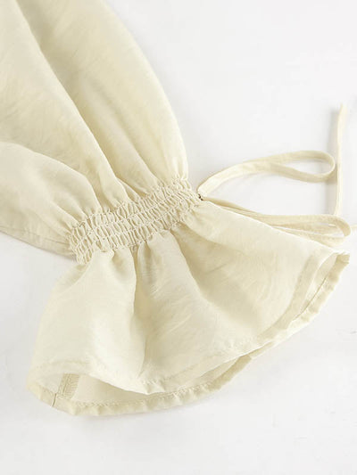 Long Sleeves Loose Ruffle Trim Solid Color Tied V-Neck Blouses&Shirts Tops + Elasticity Shorts Bottom Two Pieces Set