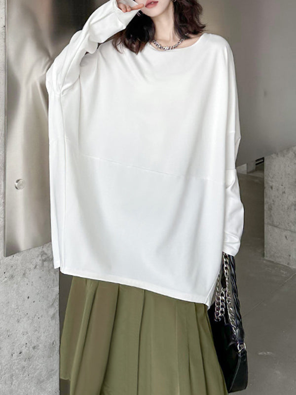 Batwing Sleeves Long Sleeves Solid Color Round-neck T-Shirts Tops