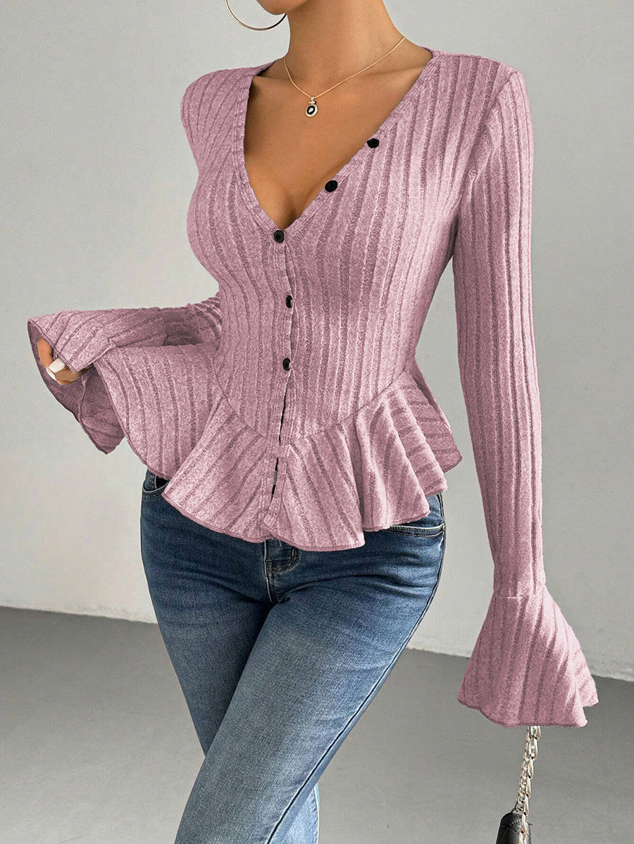Flared Sleeves Long Sleeves Buttoned Ruffled Solid Color Split-Joint Deep V-Neck T-Shirts Tops