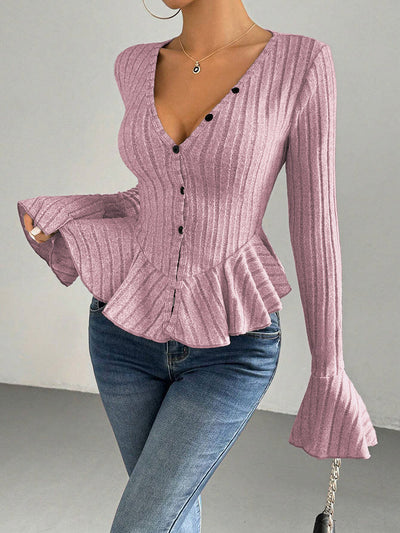 Flared Sleeves Long Sleeves Buttoned Ruffled Solid Color Split-Joint Deep V-Neck T-Shirts Tops