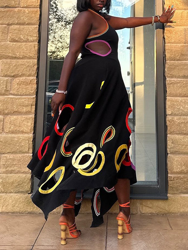 A-Line High Waisted Contrast Color Hollow Round-Neck Maxi Dresses