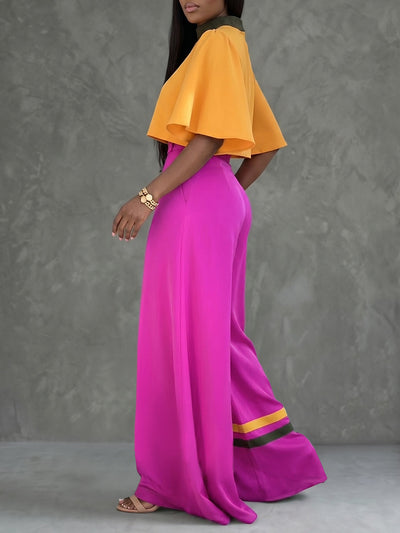 Cropped Flared Sleeves Contrast Color Pleated Stand Collar Blouses&Shirts Tops