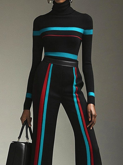 High Waisted Contrast Color Striped Pants Trousers