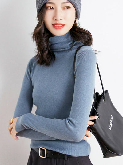 Simple Skinny Long Sleeves Solid Color High-Neck Sweater Tops Pullovers