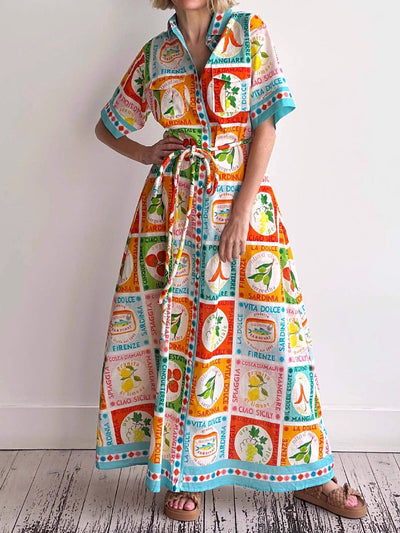 A-Line High Waisted Buttoned Contrast Color Printed Split-Joint Tied Waist Lapel Maxi Dresses Shirt Dress