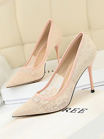 Flower Print Hollow Pointed-Toe Split-Joint Pumps