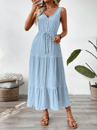 A-Line High Waisted Buttoned Pleated Solid Color Tied Waist V-Neck Maxi Dresses