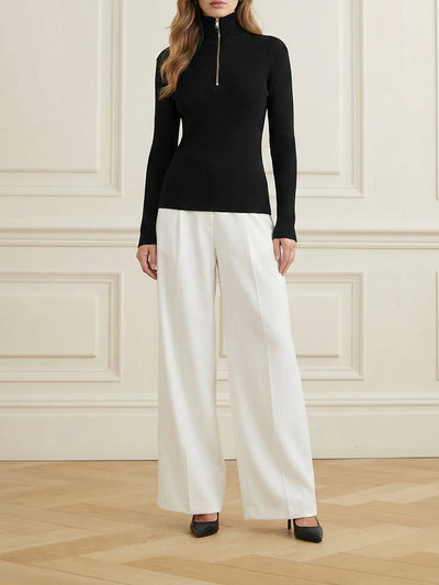 Long Sleeves Skinny Solid Color Zipper High Neck Pullovers