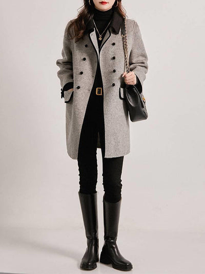 Long Sleeves Loose Buttoned Pockets Split-Joint Lapel Woolen Coat