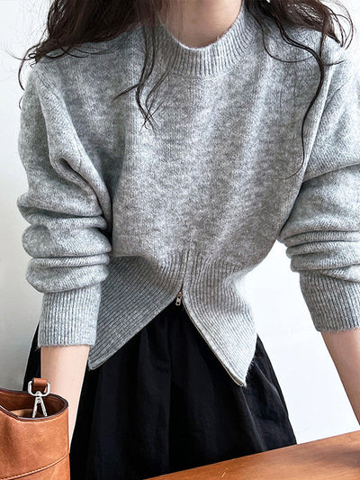 Long Sleeves Loose Solid Color Zipper Mock Neck Pullovers Sweater Tops