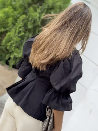 High-Low Puff Sleeves Asymmetric Buttoned Solid Color Deep V-Neck Blouses&Shirts Tops