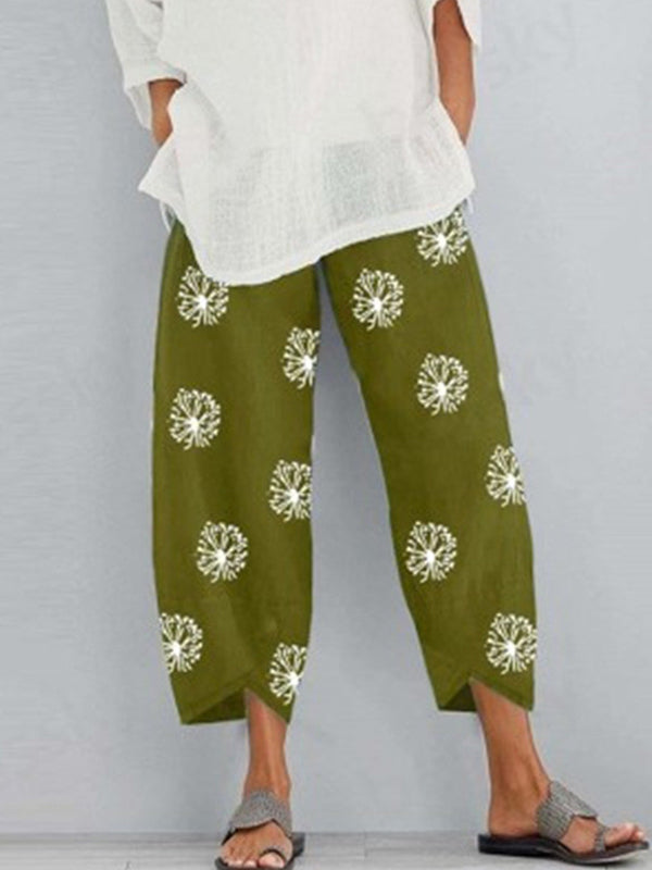 Loose Flower Print Pockets Split-Joint Pants Trousers