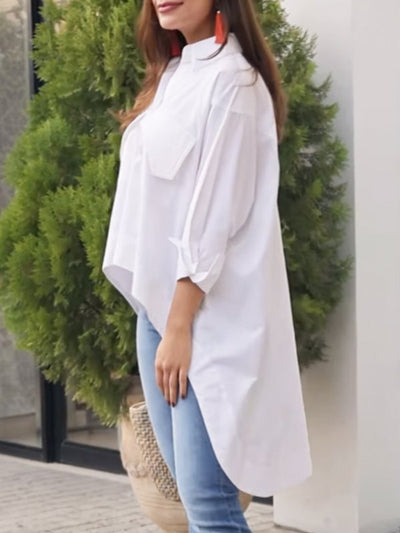High-Low Long Sleeves Buttoned Pockets Solid Color Split-Joint Lapel Blouses&Shirts Tops