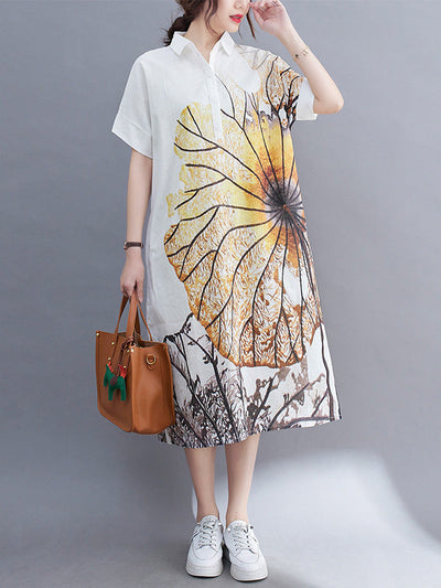 Loose Short Sleeves Buttoned Floral Printed Lapel Collar Midi Dresses Shirt Dress
