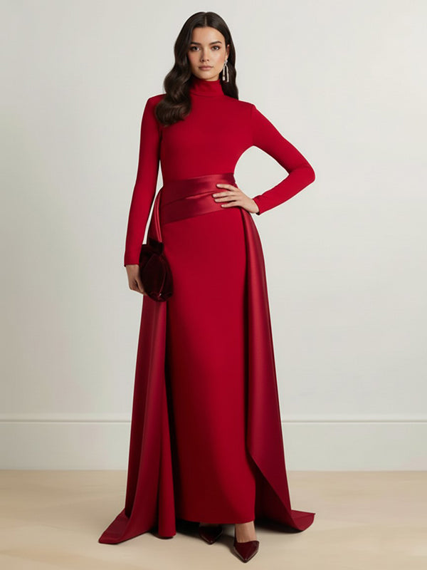 Bodycon Elasticated Waist Asymmetric Solid Color Split-Joint High Neck Maxi Dresses