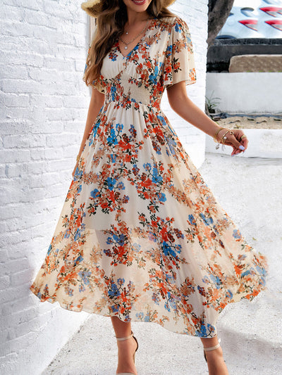 A-Line Elasticated Waist Contrast Color Flower Print Pleated Split-Joint V-Neck Maxi Dresses