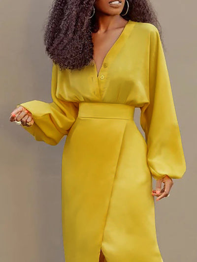 Long Sleeves Loose Buttoned Solid Color V-Neck Blouses&Shirts Tops