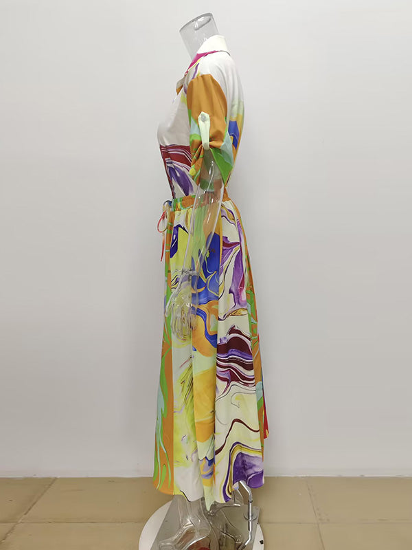 Loose Asymmetric Printed Lapel Blouse + A-Line Drawstring Elasticity Skirt Two Pieces Set