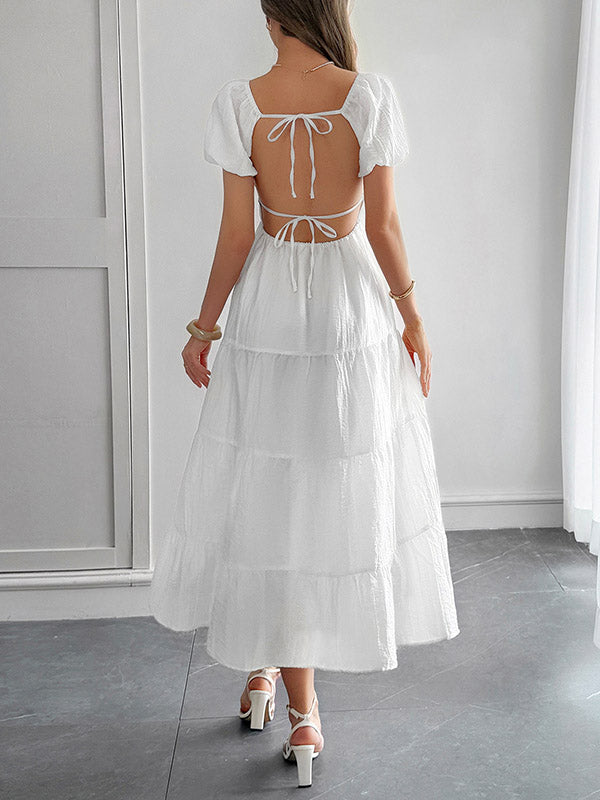 A-Line Loose Backless Pleated Solid Color Tied V-Neck Midi Dresses