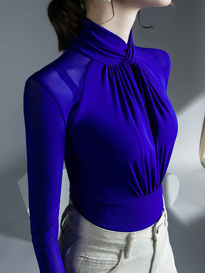 Long Sleeves Plus Size Hollow Mesh Pleated See-Through Solid Color Twist Half Turtleneck Blouses&Shirts Tops