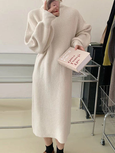 Long Sleeves Loose Solid Color High Neck Midi Dresses Sweater Dresses