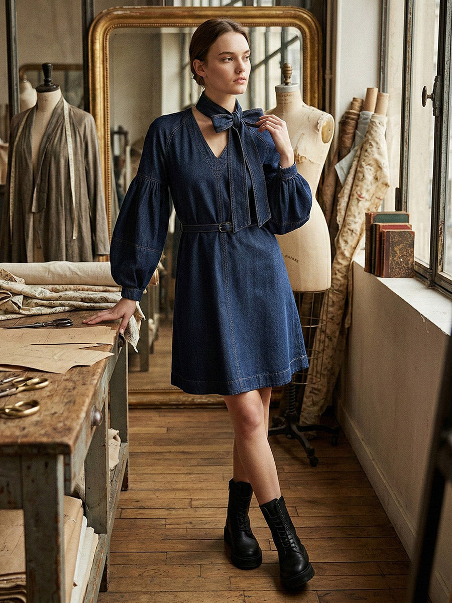Long Sleeves Puff Sleeves Belted Bow-Embellished Solid Color V-Neck Mini Dresses