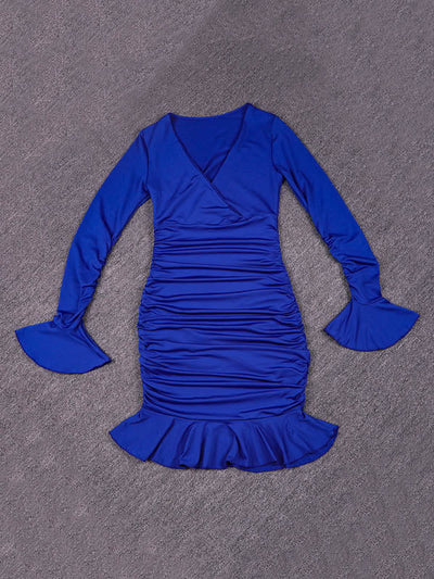Bodycon Elasticated Waist Pleated Ruffled Solid Color Split-Joint V-Neck Midi Dresses