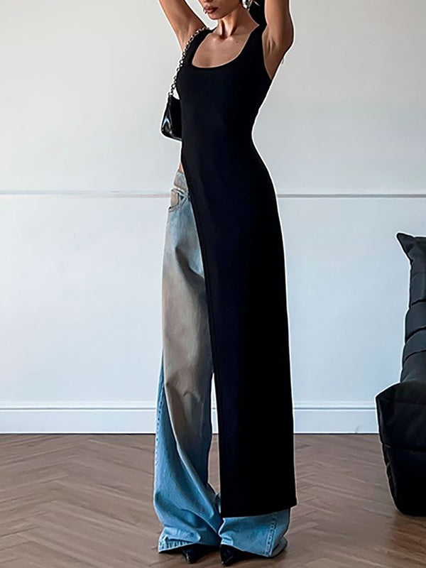 Skinny Sleeveless Asymmetric Solid Color Split-Side Square-Neck Tank Top