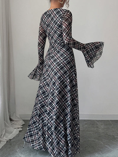 A-Line Flared Sleeves Contrast Color High-Waisted Plaid Square-Neck Maxi Dresses
