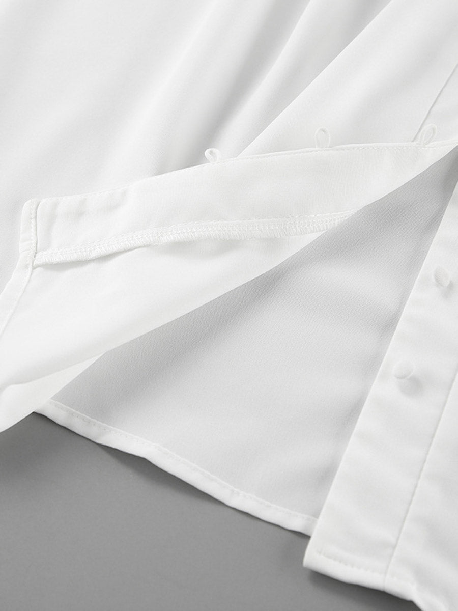 Long Sleeves Loose Buttoned Pleated Solid Color Split-Joint Stand Collar Blouses&Shirts Tops