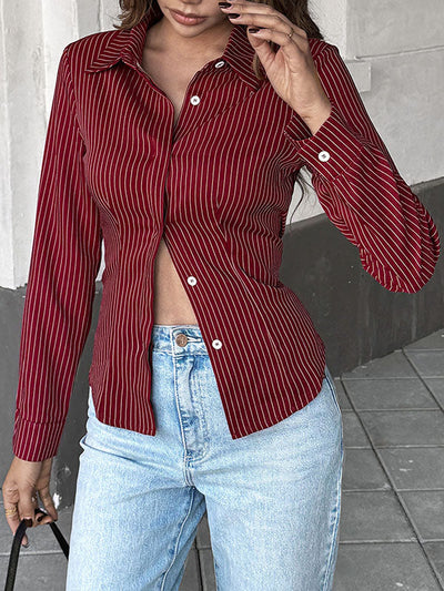 Long Sleeves Skinny Buttoned Contrast Color Striped Lapel Blouses&Shirts Tops