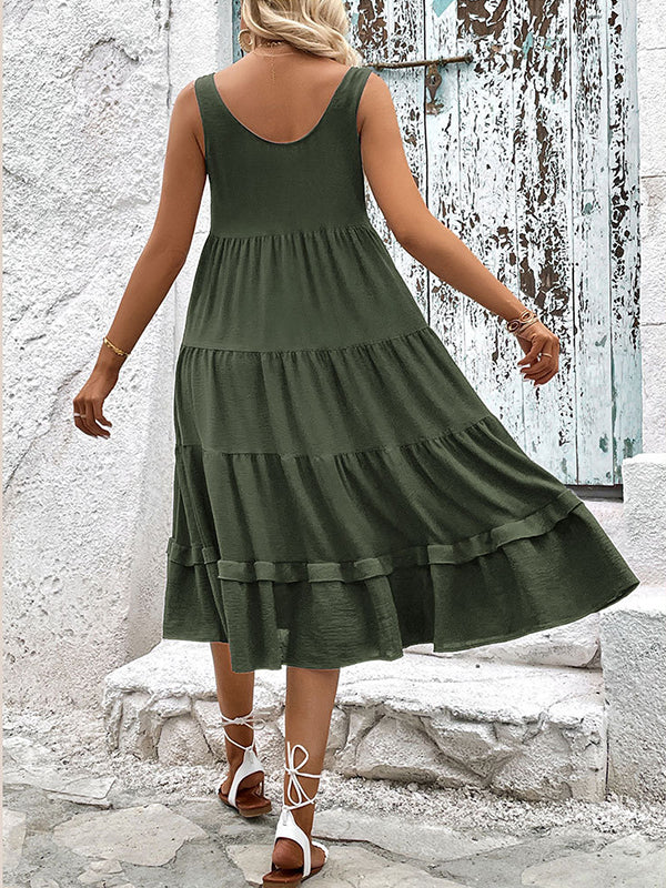 Loose Sleeveless Buttoned Solid Color Tiered Round-neck Midi Dresses