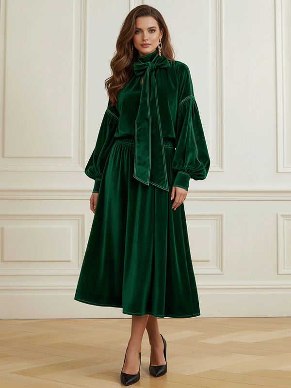 Long Sleeves Puff Sleeves Bow-Embellished Pleated Solid Color Split-Joint Tied Half Turtleneck Blouses&Shirts Tops