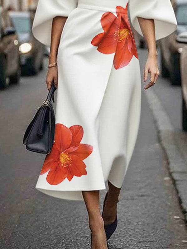 Three-Quarter Sleeves Asymmetric Floral Printed Split-Joint Round-Neck Midi Dresses