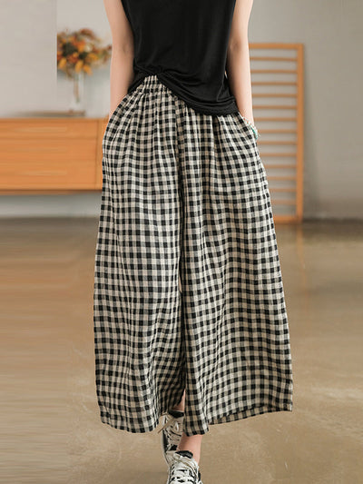 Artistic Retro Linen Loose Wide Legs Plaid Drawstring Pants