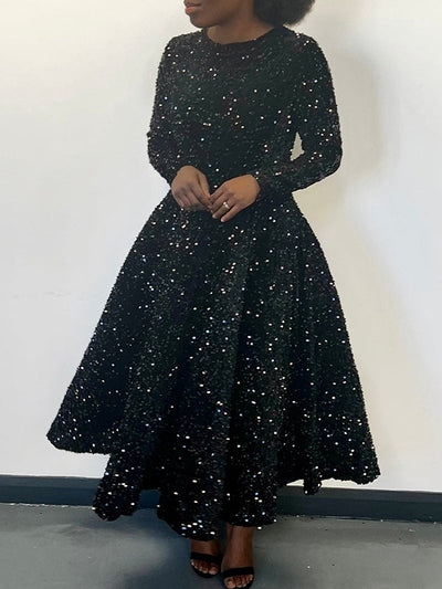 A-Line High Waisted Sequined Split-Joint Zipper Round-Neck Maxi Dresses