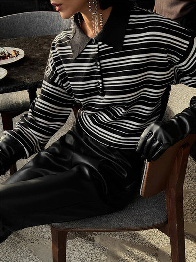 Long Sleeves Split-Joint Striped Lapel Sweater Tops