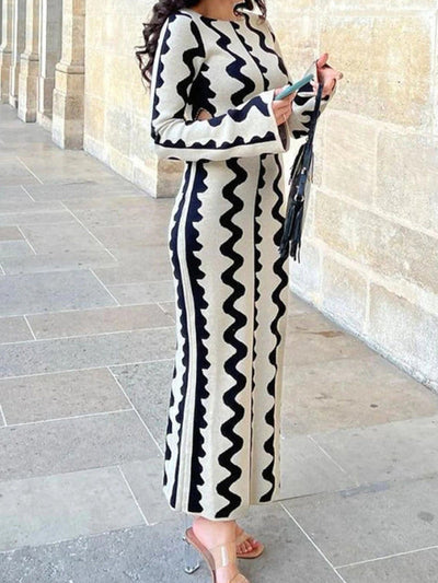 High Waisted Long Sleeves Hollow Printed Round-Neck Maxi Dresses