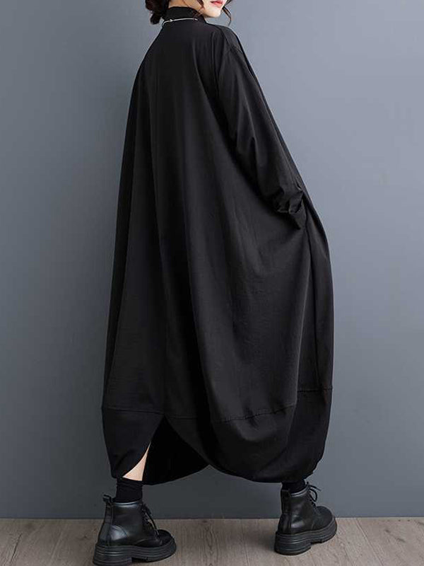 A-Line Long Sleeves Buttoned Pockets Solid Color Split-Joint Lapel Midi Dresses Shirt Dress