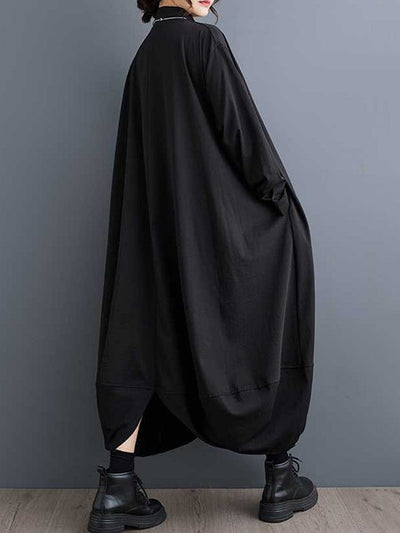 A-Line Long Sleeves Buttoned Pockets Solid Color Split-Joint Lapel Midi Dresses Shirt Dress