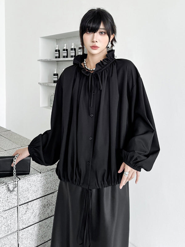 Long Sleeves Loose Drawstring Pleated Pullover Design Solid Color Lace Collar Blouses&Shirts Tops
