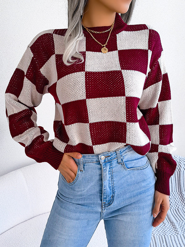 Long Sleeves Loose Contrast Color Plaid Round-Neck Sweater Tops