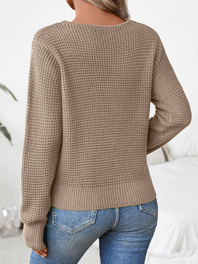 Long Sleeves Loose Hollow Solid Color Split-Joint Round-Neck Pullovers Sweater Tops