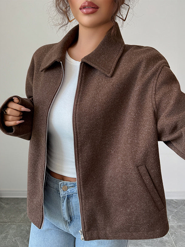 Long Sleeves Loose Solid Color Zipper Lapel Outerwear