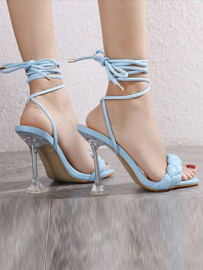 Lace-Up Open Toe Split-Joint Square-Toe Pumps Sandals