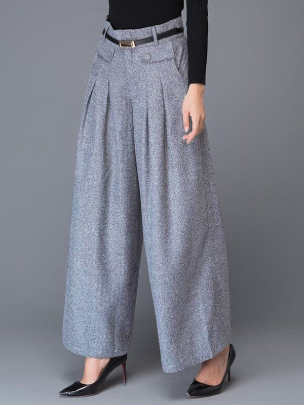Loose Wide Leg Buttoned No Belt Pleated Pockets Solid Color Split-Joint Pants Trousers