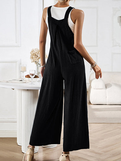 Loose Sleeveless Pleated Pockets Split-Joint Spaghetti-Neck Overalls