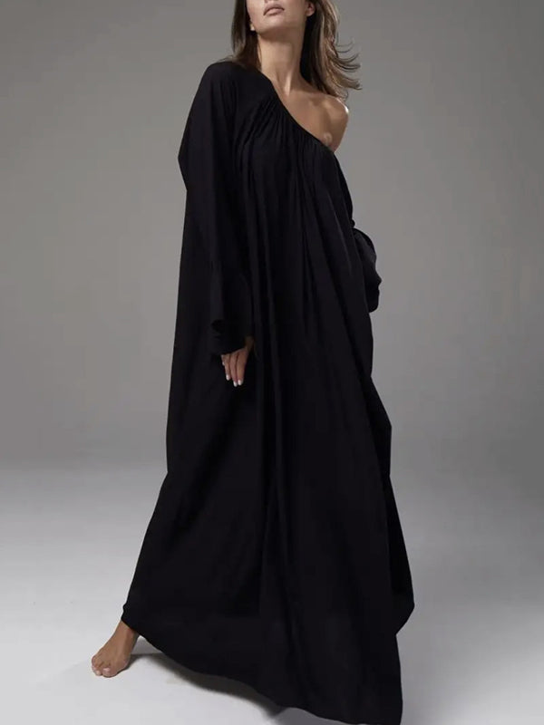 A-Line Flared Sleeves Pleated Solid Color Split-Joint Round-Neck Maxi Dresses