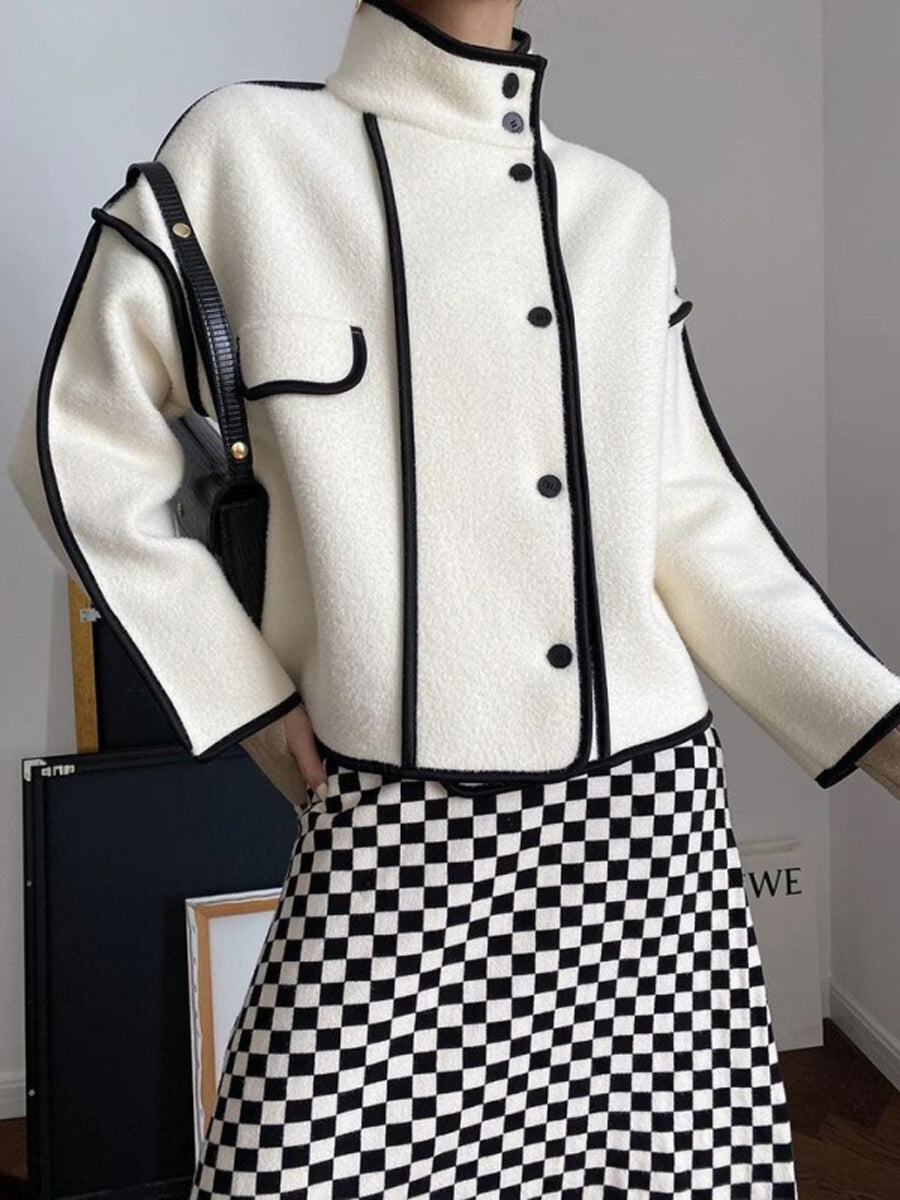 Long Sleeves Loose Buttoned Contrast Color Stand Collar Jackets Outerwear